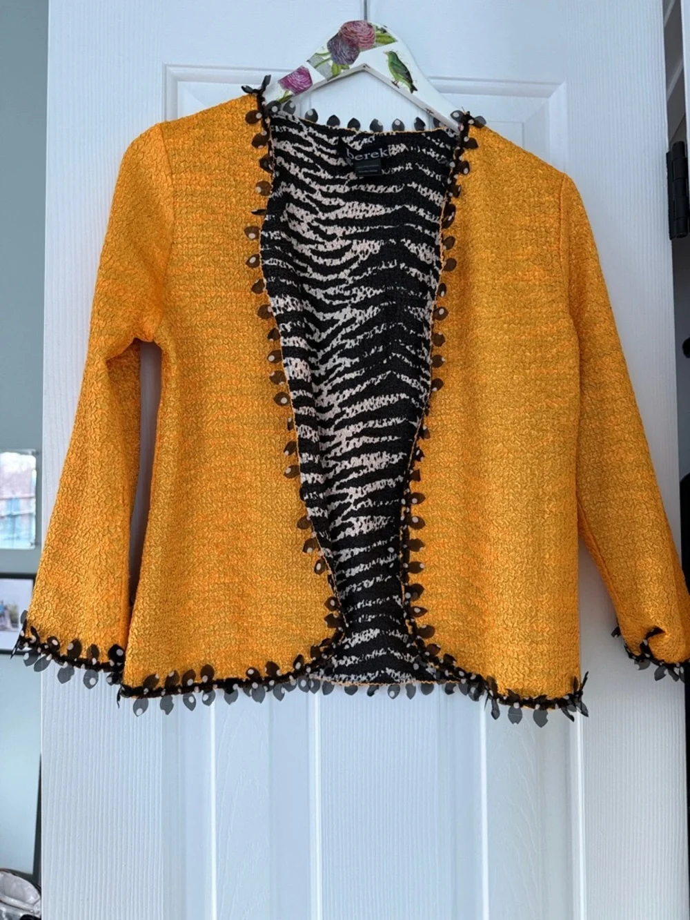 berek Bright Yellow Open-Front Cardigan with Zebra Print Lining reversible S P